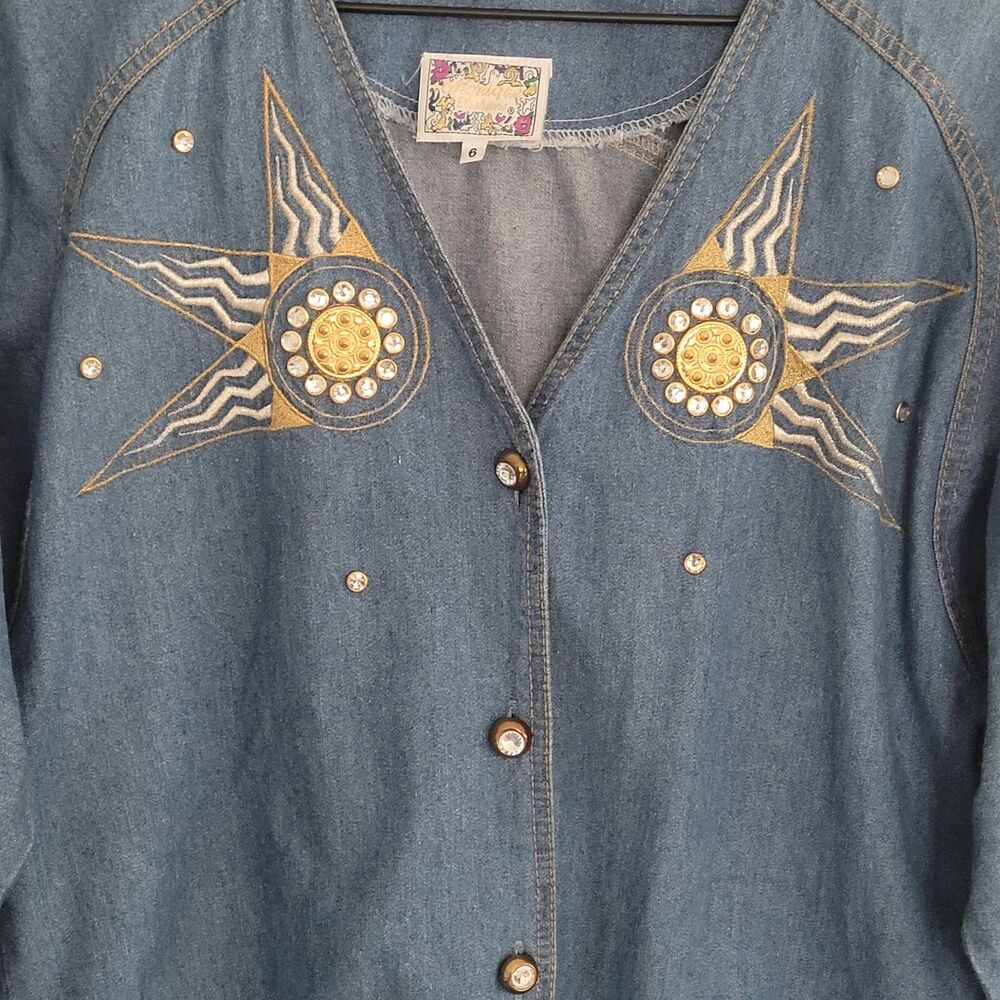 Vintage Monique Fashions Denim Button Up Jacket Womens 6 Jeweled Embellished